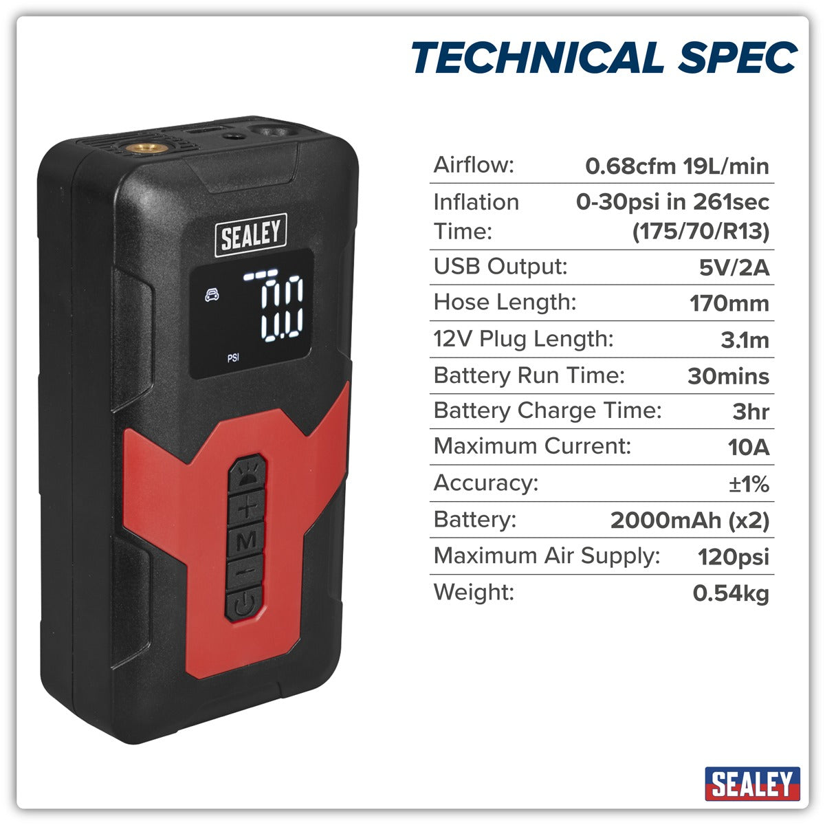 Sealey Rechargeable Tyre Inflator & Power Bank with Worklight 12V CTI140