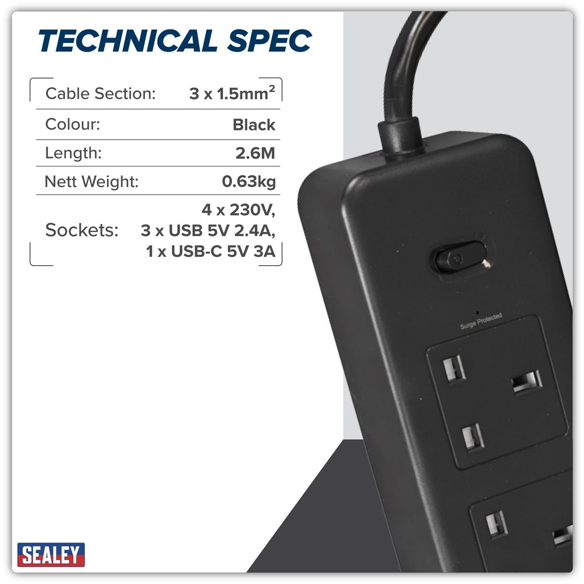 Sealey 2.6m Extension Lead with USB Ports - Black EL34USBB