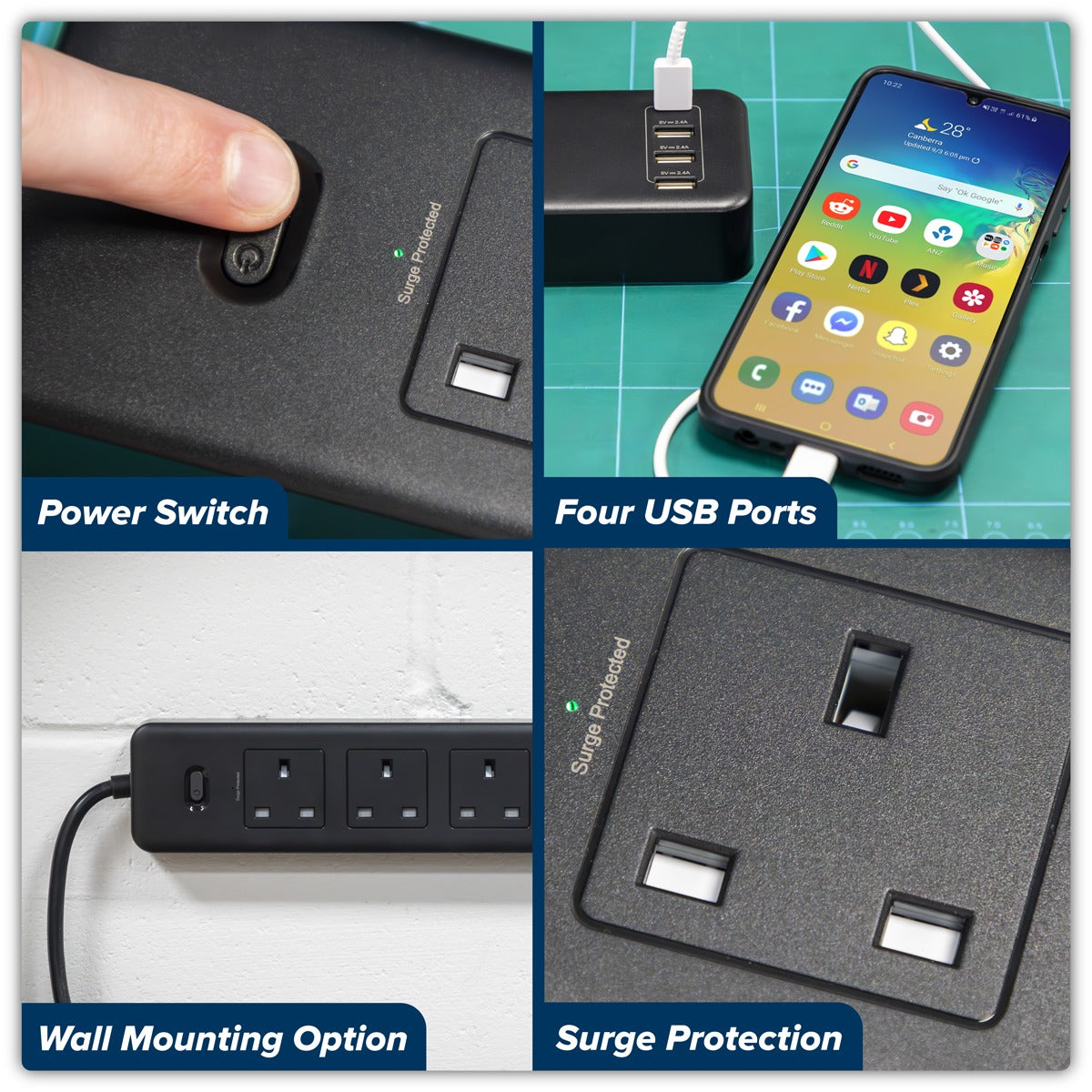 Sealey 2.6m Extension Lead with USB Ports - Black EL34USBB