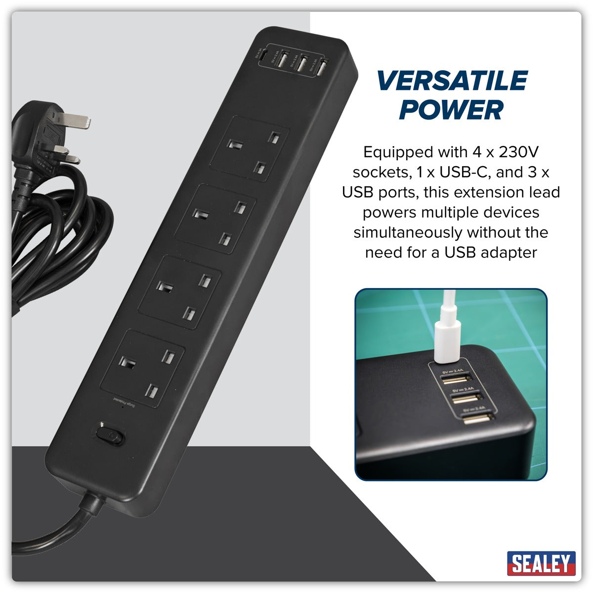 Sealey 2.6m Extension Lead with USB Ports - Black EL34USBB