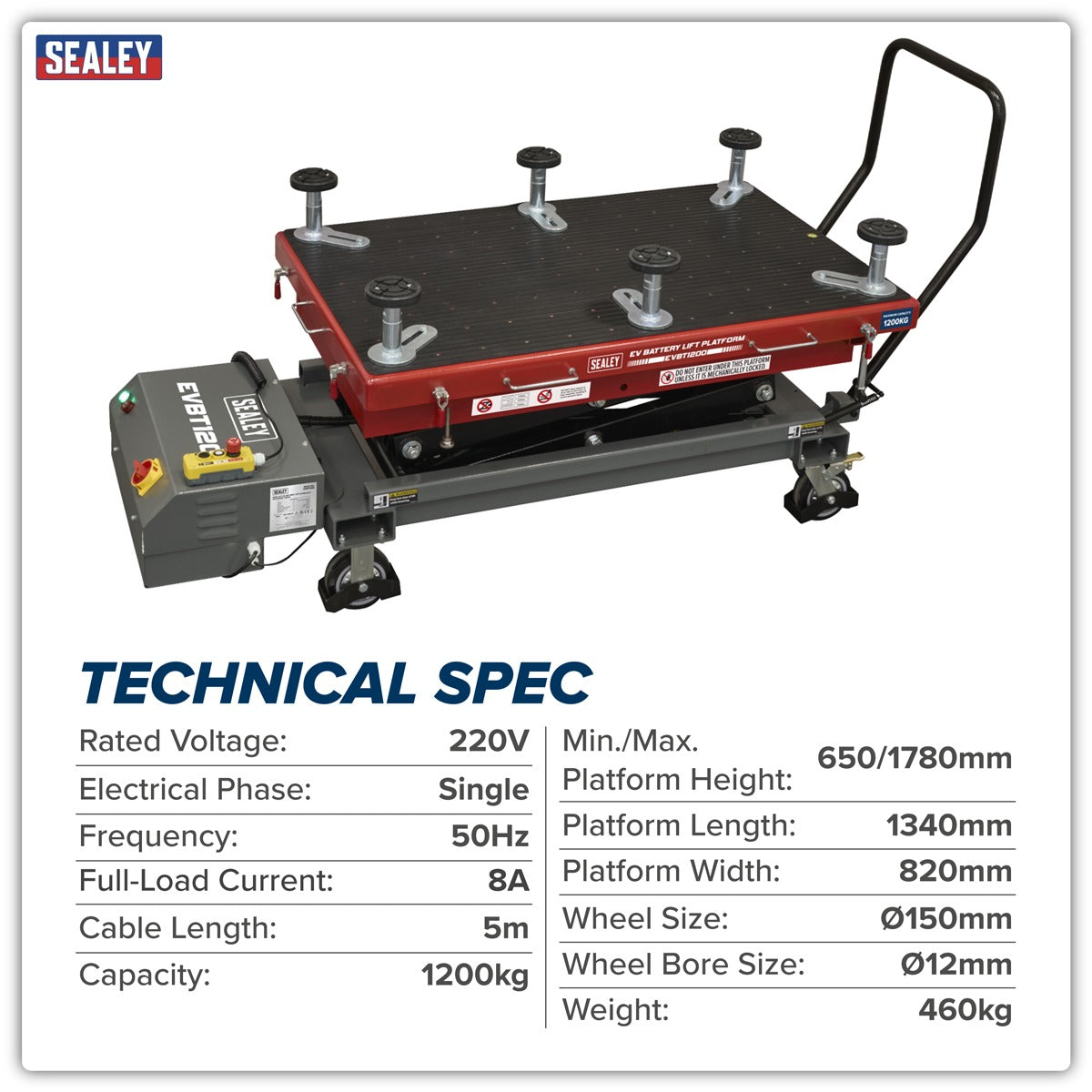 Sealey High Lift EV Battery Lift/Hydraulic Platform Truck 1200kg Capacity EVBT1200