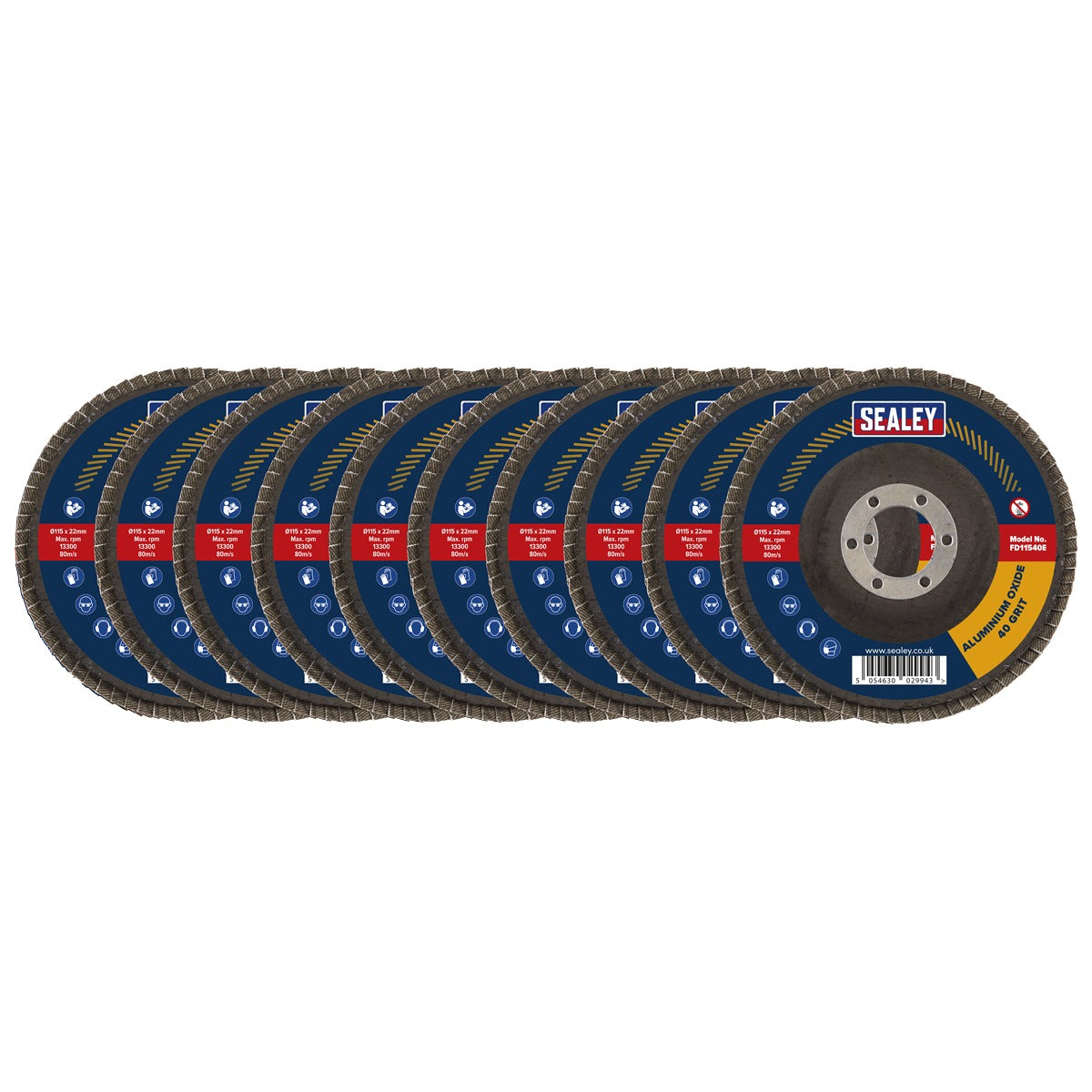 Sealey 115mm Aluminium Oxide Flap Discs 40Grit 22mm Bore - Pack of 10 FD11540E10