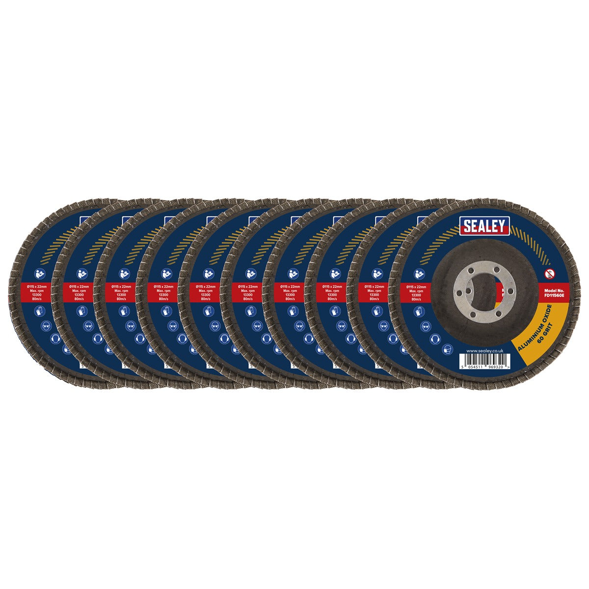 Sealey 115mm Aluminium Oxide Flap Discs 60Grit 22mm Bore - Pack of 10 FD11560E10