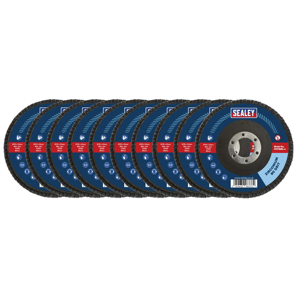 Sealey 115mm Zirconium Flap Discs 80Grit 22mm Bore - Pack of 10 FD1158010