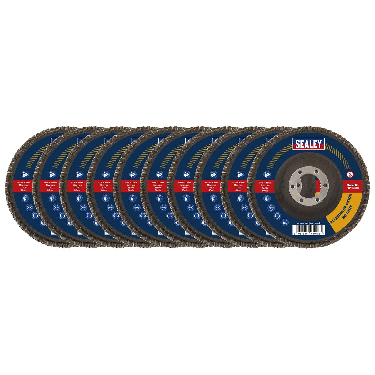 Sealey 115mm Aluminium Oxide Flap Discs 80Grit 22mm Bore - Pack of 10 FD11580E10