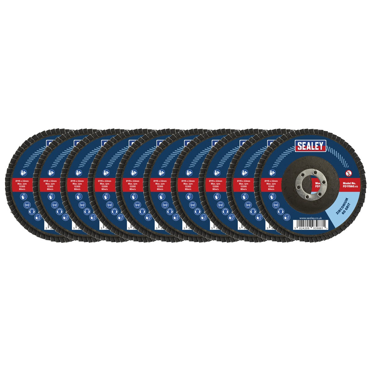 Sealey 115mm Zirconium Flap Discs Assorted Grit 22mm Bore - Pack of 10 FD115MIX