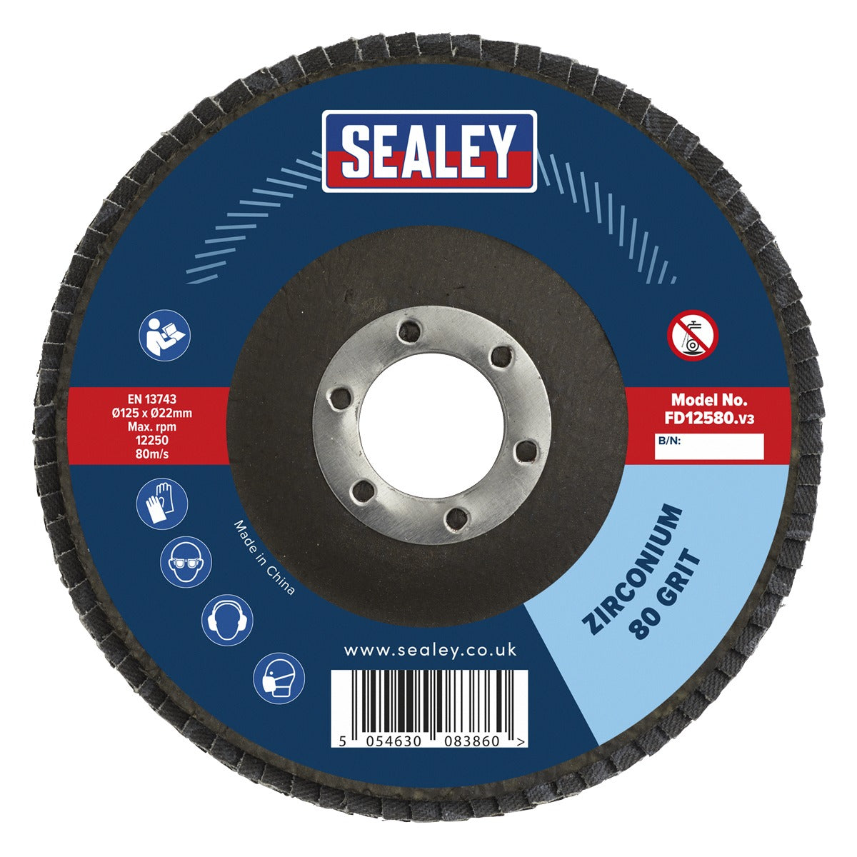 Sealey 125mm Zirconium Flap Disc 80Grit 22mm Bore FD12580