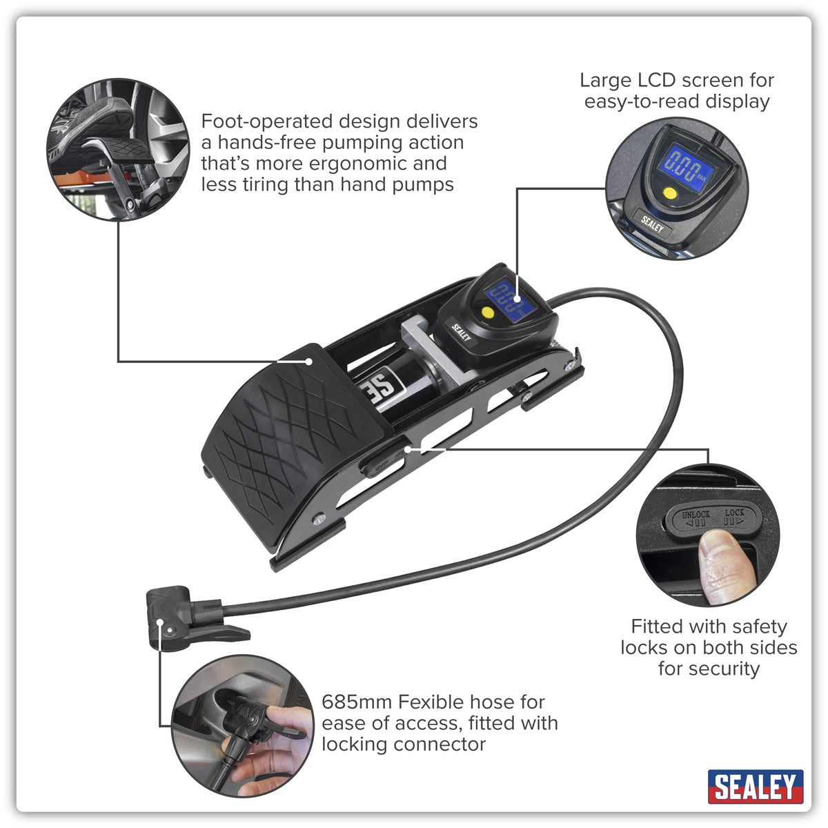 Sealey Single Barrel Digital Foot Pump FP8D