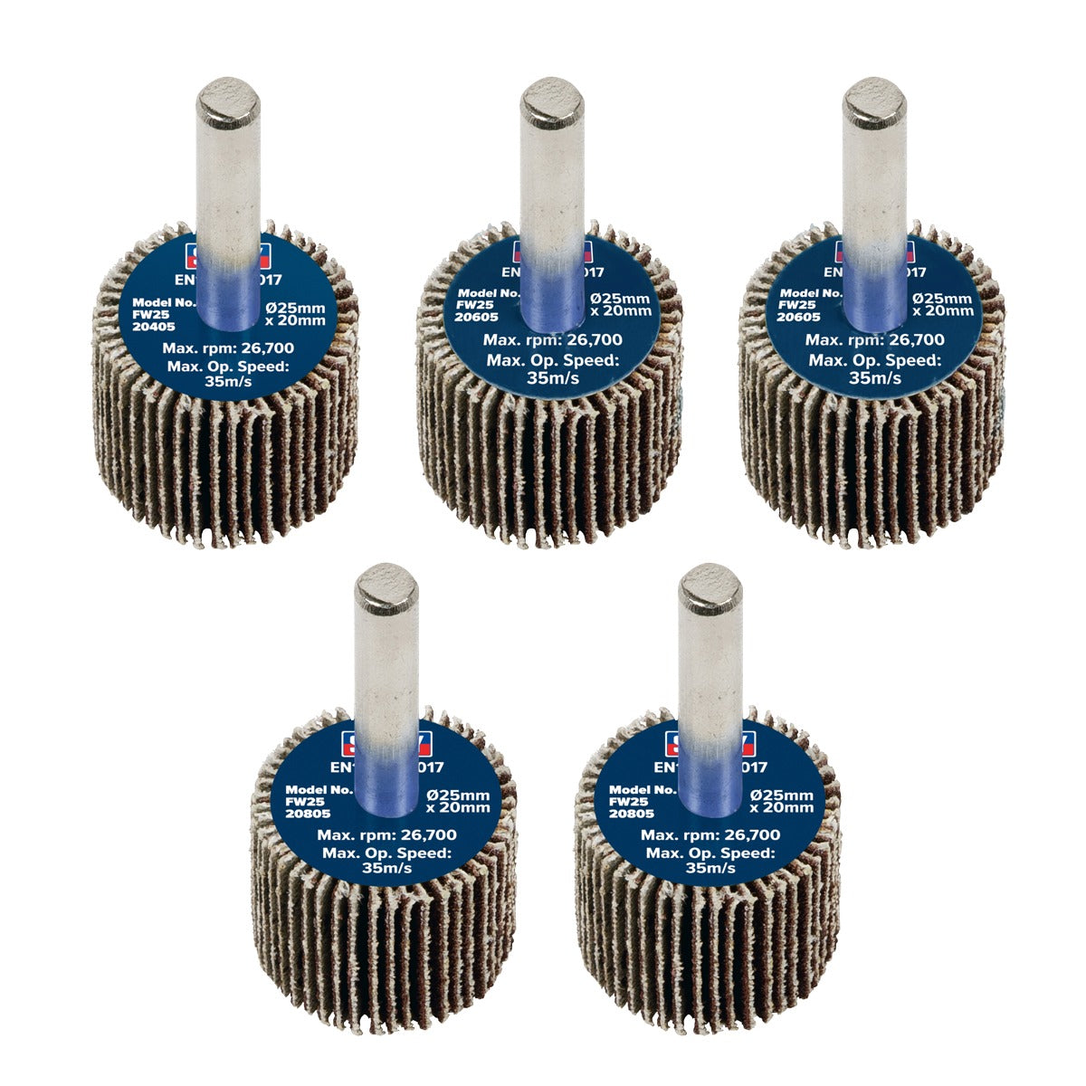 Sealey 25 x 20mm Abrasive Flap Wheel with 6mm Shaft Assorted Grit - Pack of 5 FW2520ASS