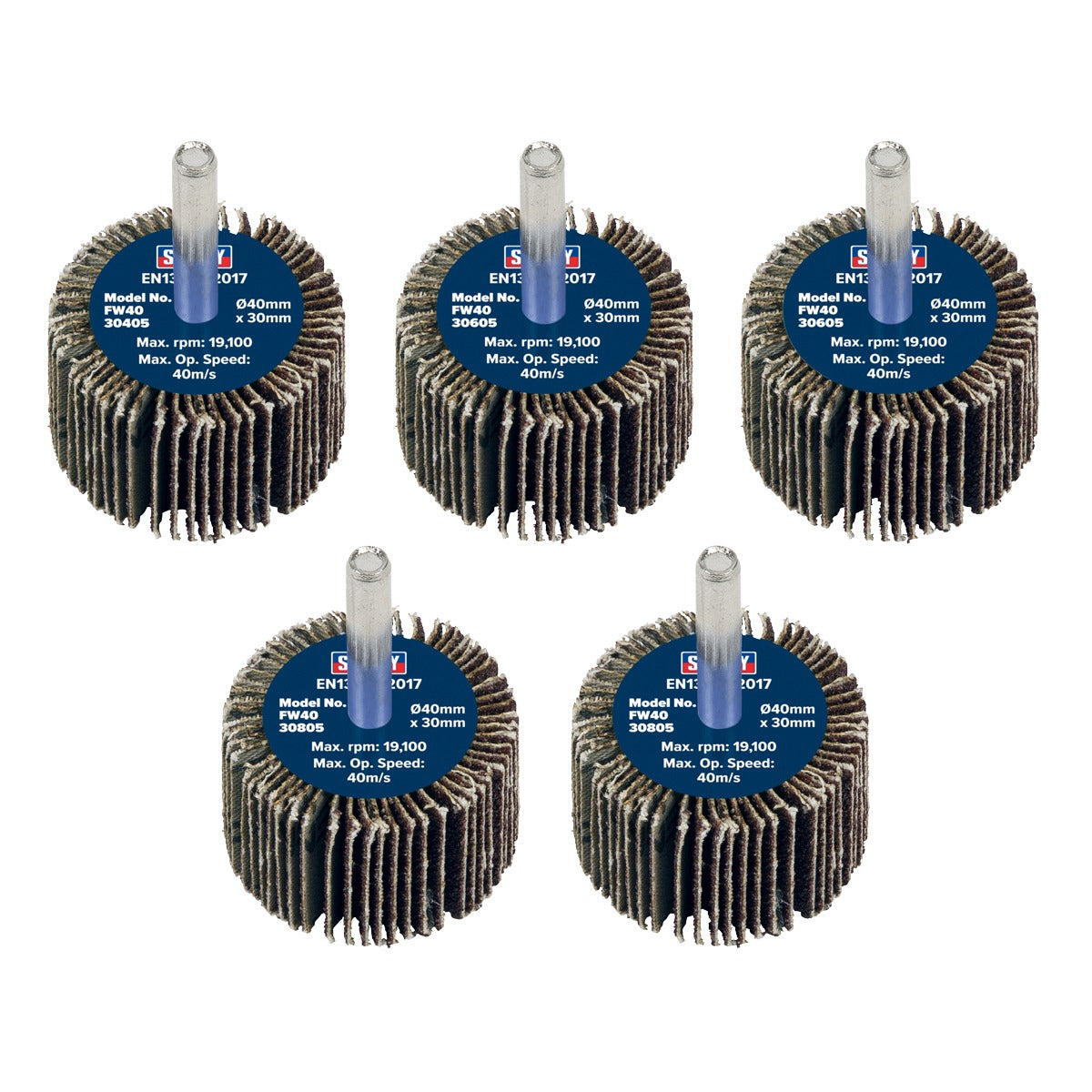 Sealey 40 x 30mm Abrasive Flap Wheel with 6mm Shaft Assorted Grit - Pack of 5 FW4030ASS