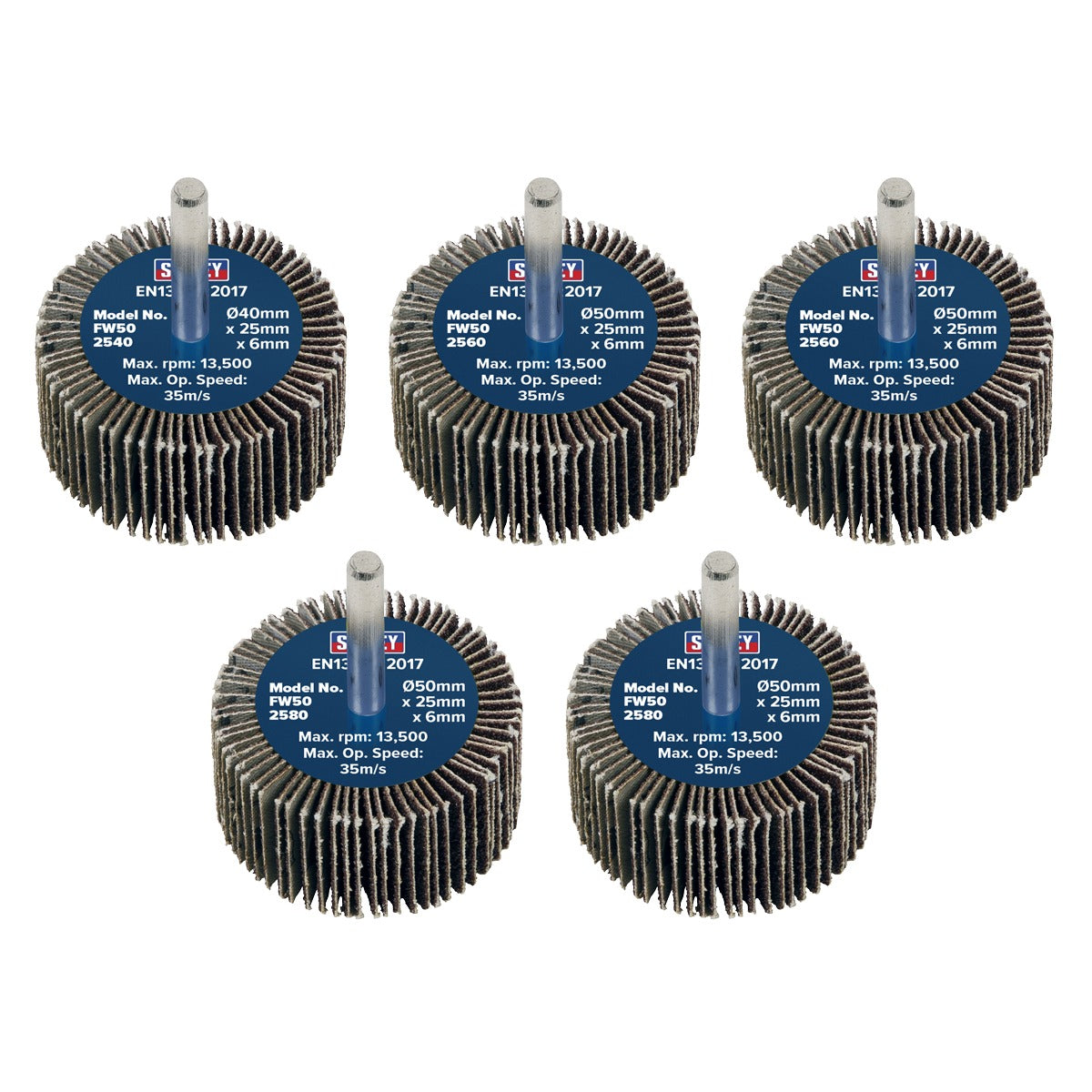 Sealey 50 x 25mm Abrasive Flap Wheel with 6mm Shaft Assorted Grit - Pack of 5 FW5025ASS