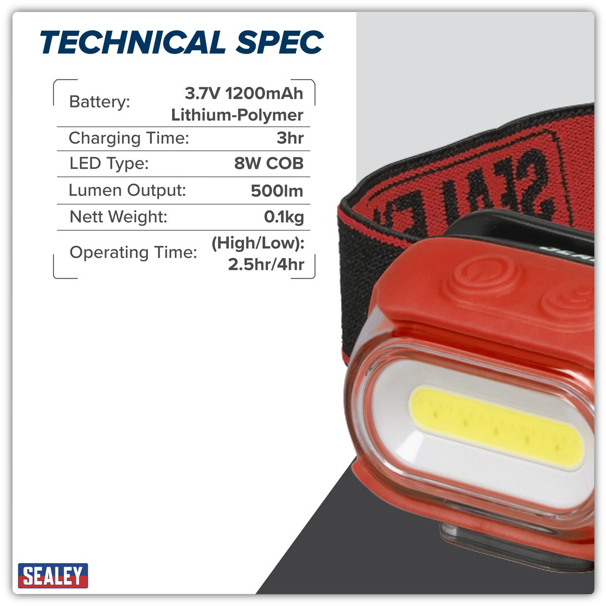 Sealey Rechargeable Head Torch with Auto-Sensor 8W COB LED - Red HT08RR