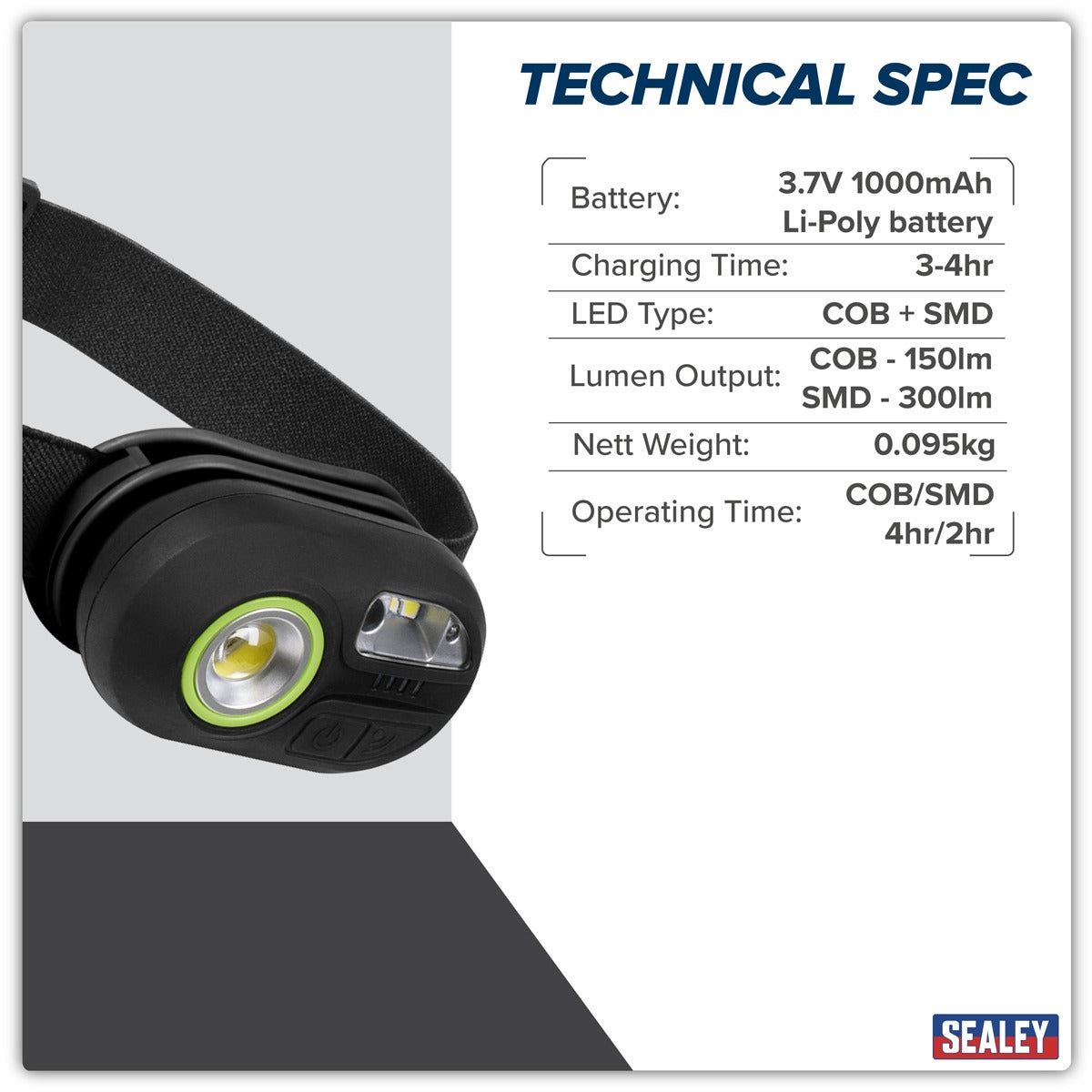 Sealey Rechargeable Headlight with Auto-Sensor 3W COB & 1W SMD LED HT300R