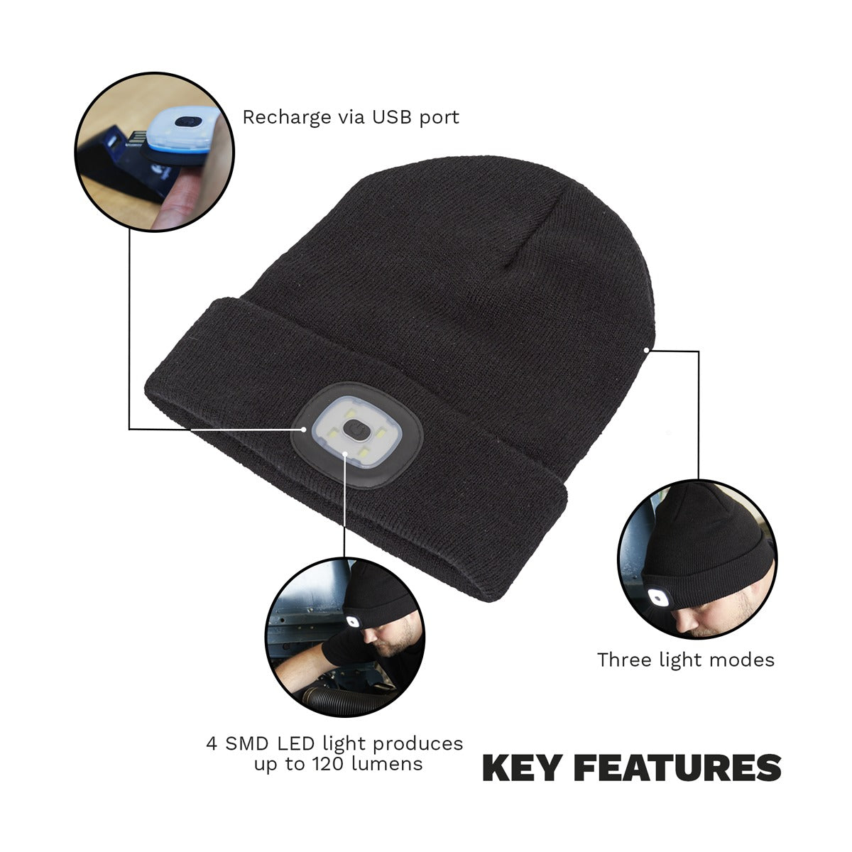 Sealey Rechargeable USB Beanie Hat 1W SMD LED LED185