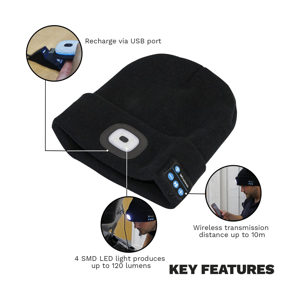 Sealey Rechargeable USB Beanie Hat with Wireless Headphones 1W SMD LED LED185W