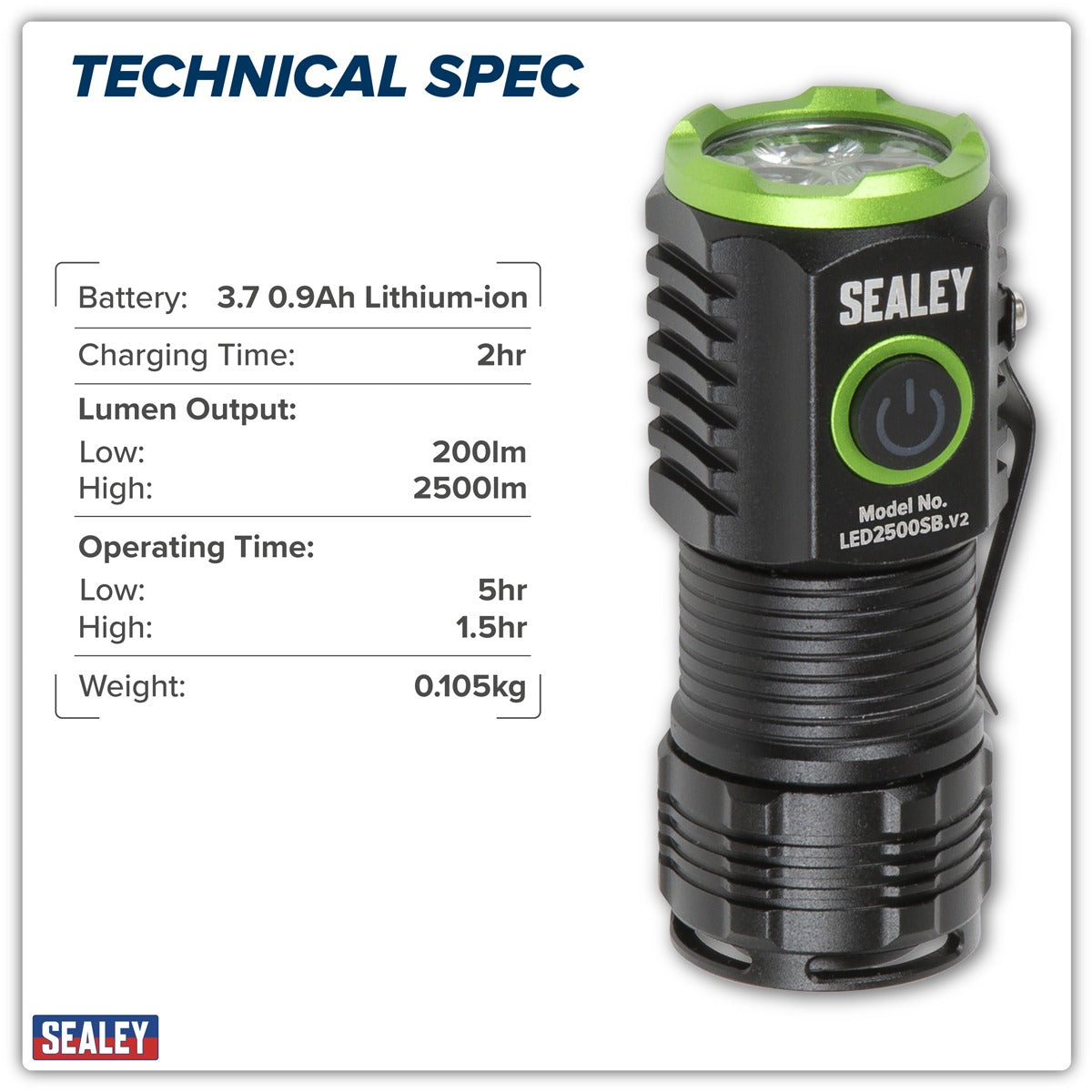 Sealey Super Beam 2500lm Rechargeable SMD LED 24W Pocket Light LED2500SB