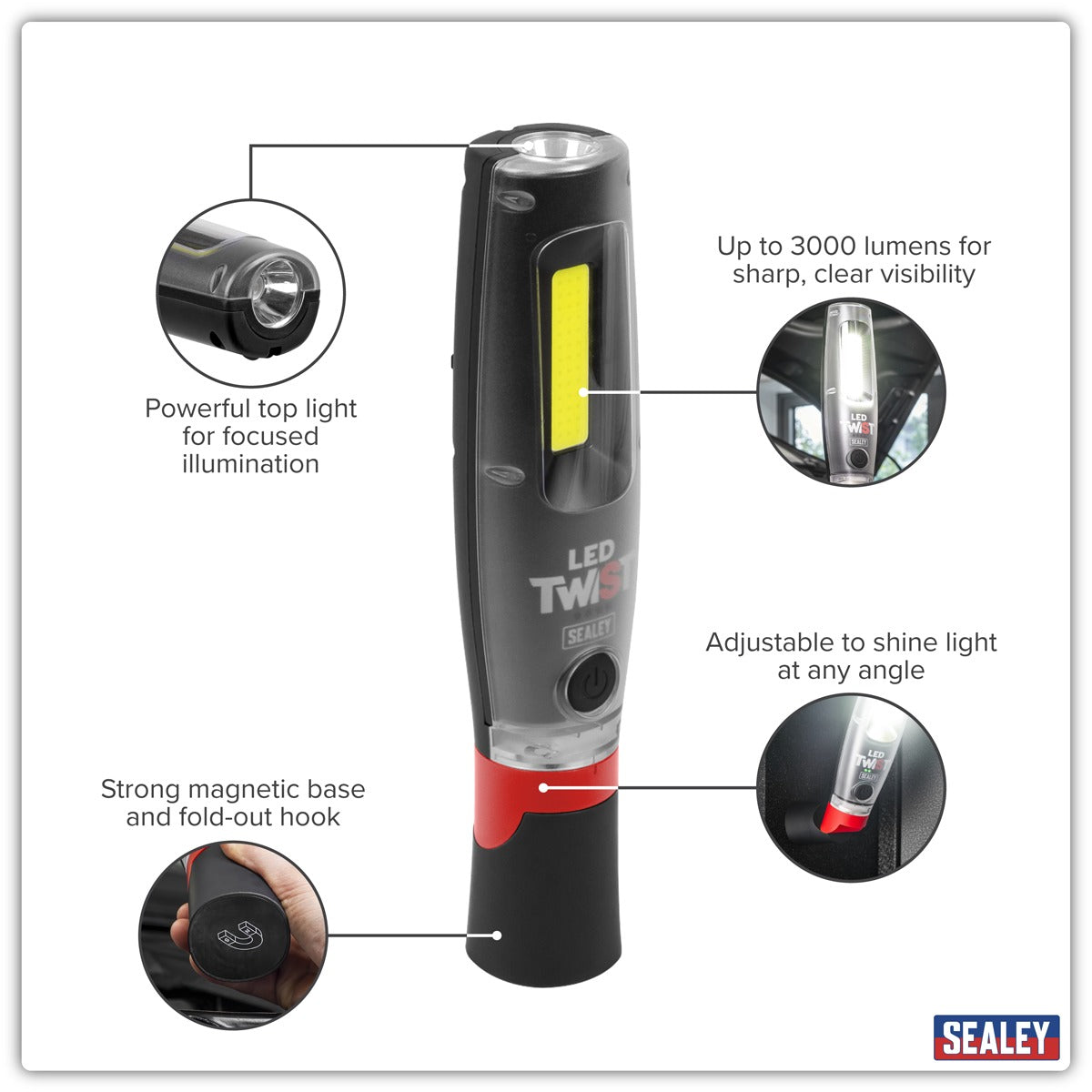 Sealey Rechargeable LED Twist Inspection Light 20W COB & 3W SMD, 3000lm, Magnetic Base & Power Bank LED3001