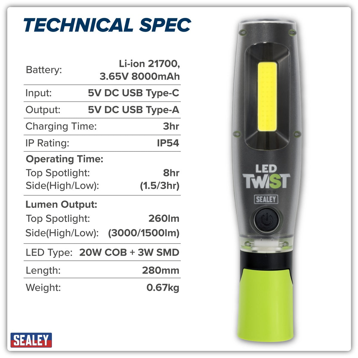 Sealey Rechargeable LED Twist Inspection Light 20W COB + 3W SMD, 3000lm, Magnetic Base & Power Bank LED3001G