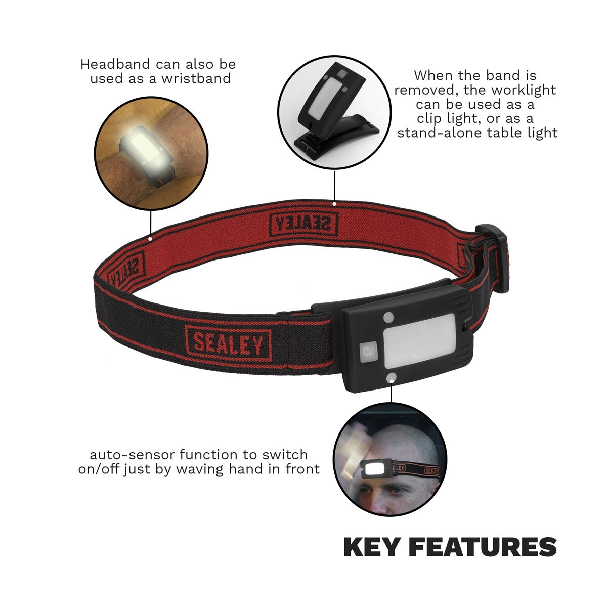 Sealey Rechargeable Head Torch with Auto-Sensor 2W COB LED - Black LED360HT