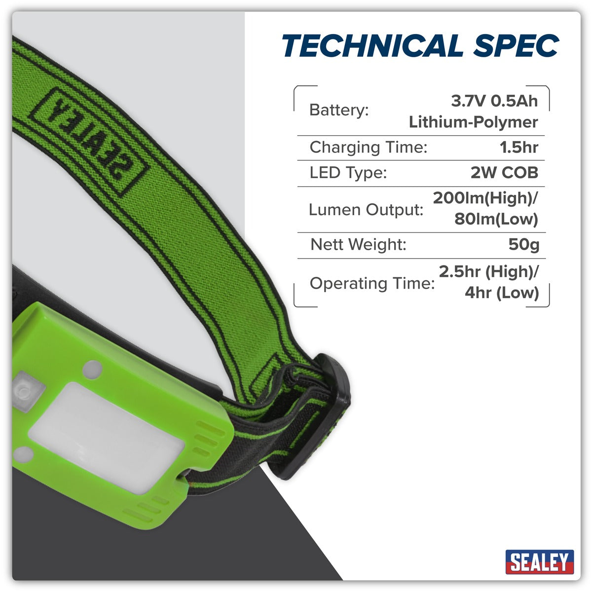 Sealey Rechargeable Head Torch with Auto-Sensor 2W COB LED - Green LED360HTG