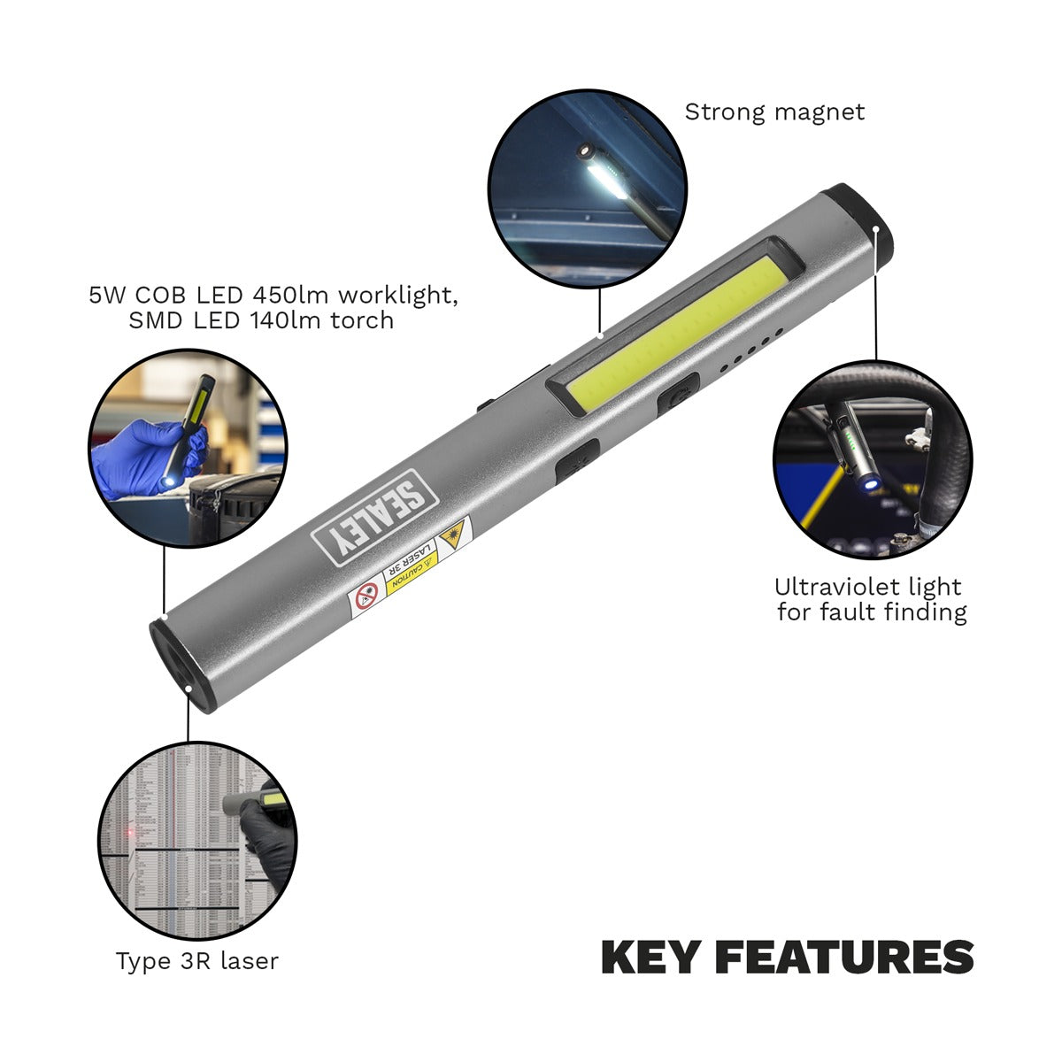 Sealey Rechargeable UV Penlight Torch with Laser Pointer 5W COB & 3W SMD LED LED450UV