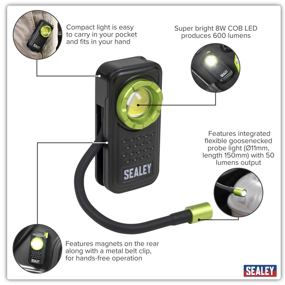 Sealey Pocket Light with Flexi Inspection Light 8W COB LED & 1W SMD LED LED600FX