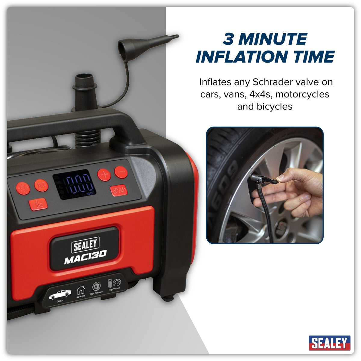 Sealey Tyre Inflator & High-Volume Air Pump 12V/230V AC MAC13D