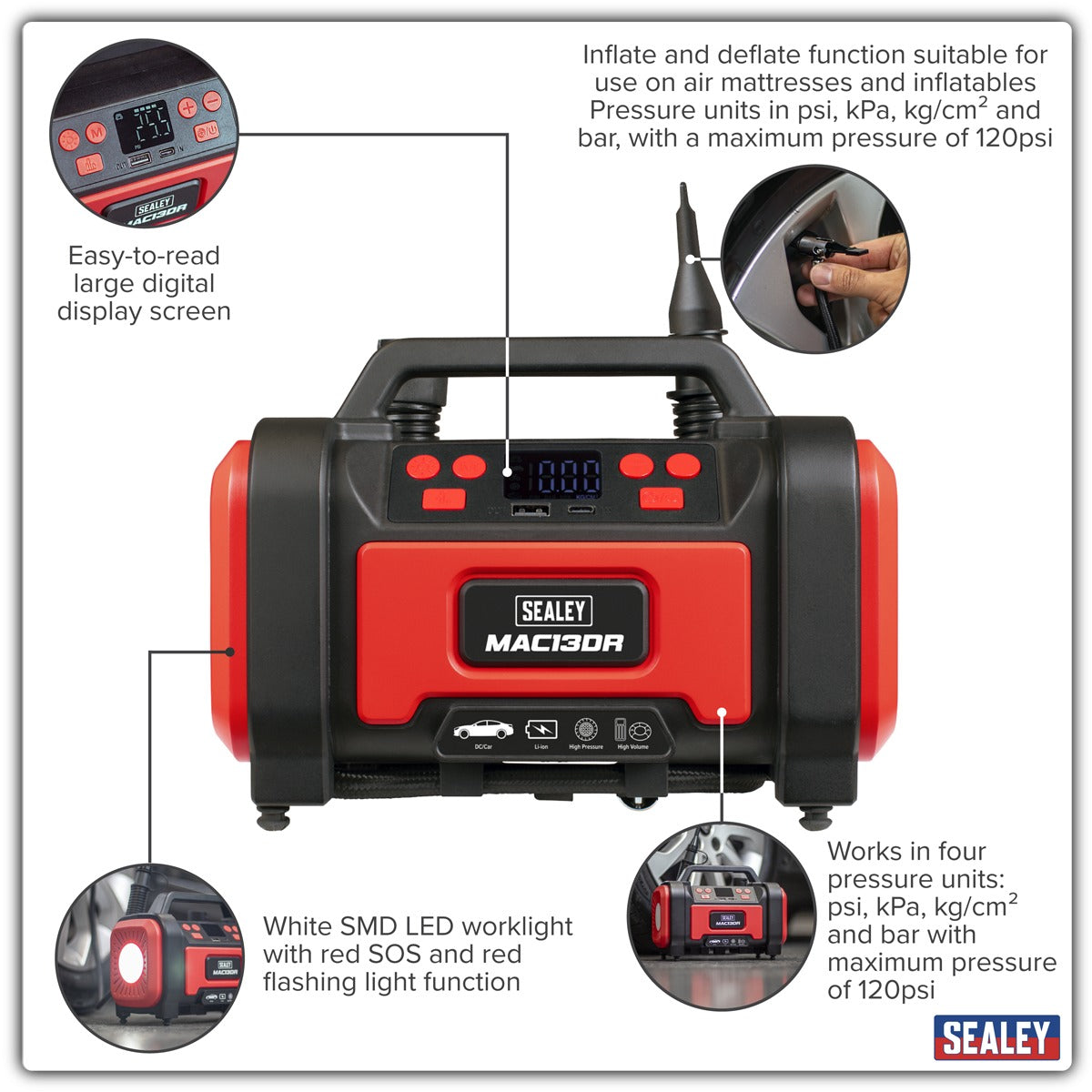 Sealey Rechargeable Tyre Inflator & High Volume Air Pump 12V MAC13DR