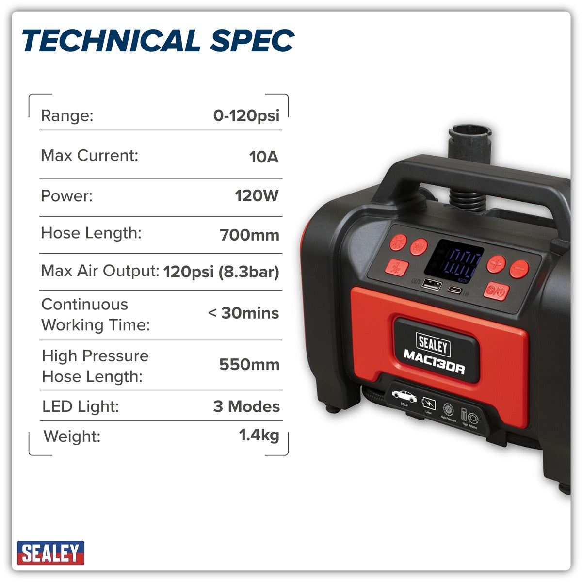 Sealey Rechargeable Tyre Inflator & High Volume Air Pump 12V MAC13DR