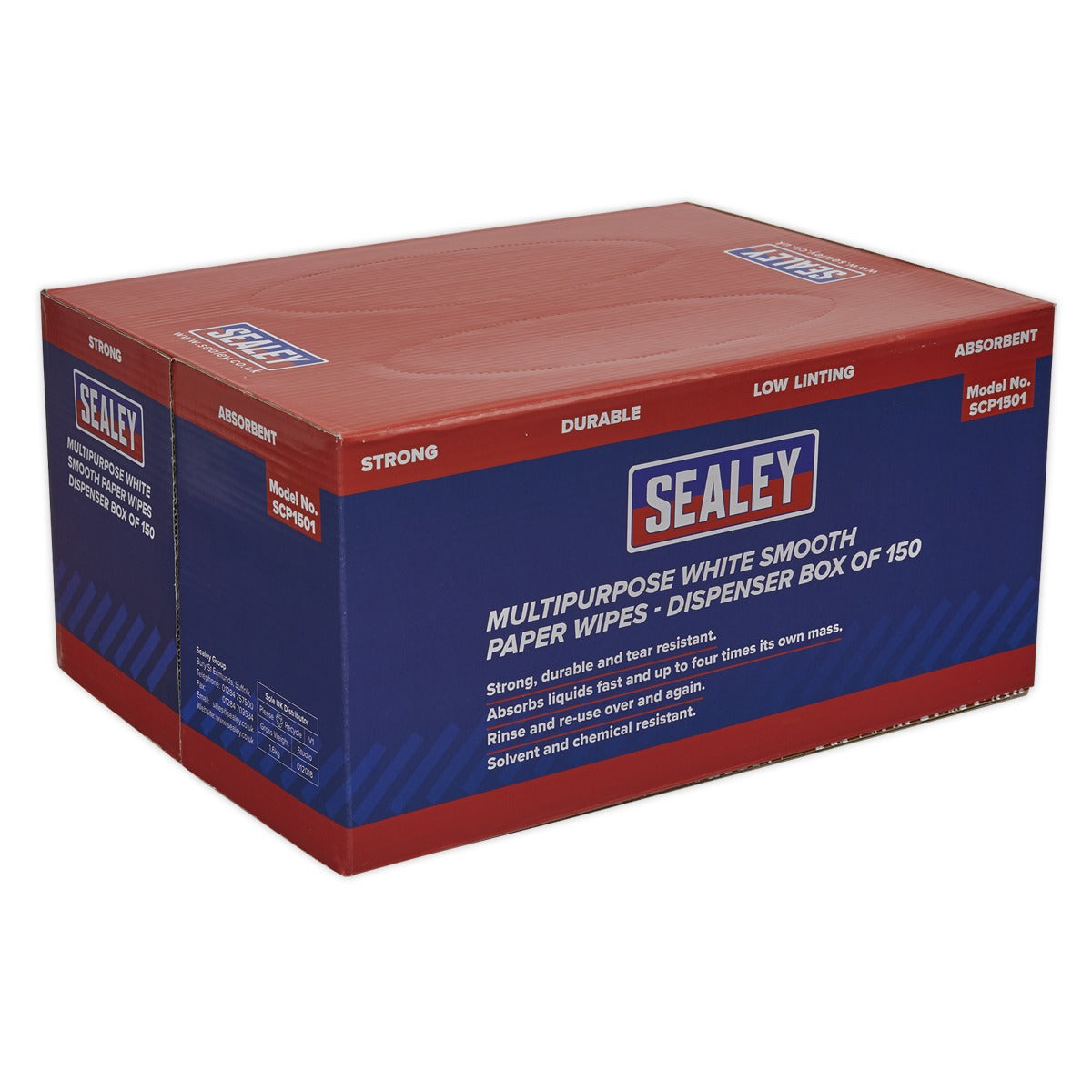 Sealey Multipurpose Smooth White Paper Wipes 73gsm - Dispenser Box of 150 Sheets SCP1501