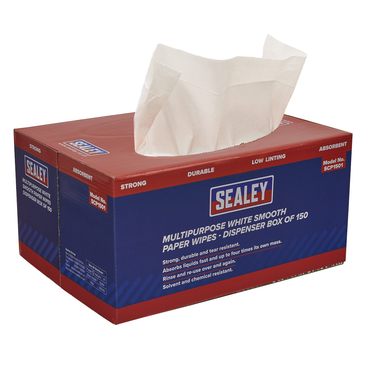 Sealey Multipurpose Smooth White Paper Wipes 73gsm - Dispenser Box of 150 Sheets SCP1501