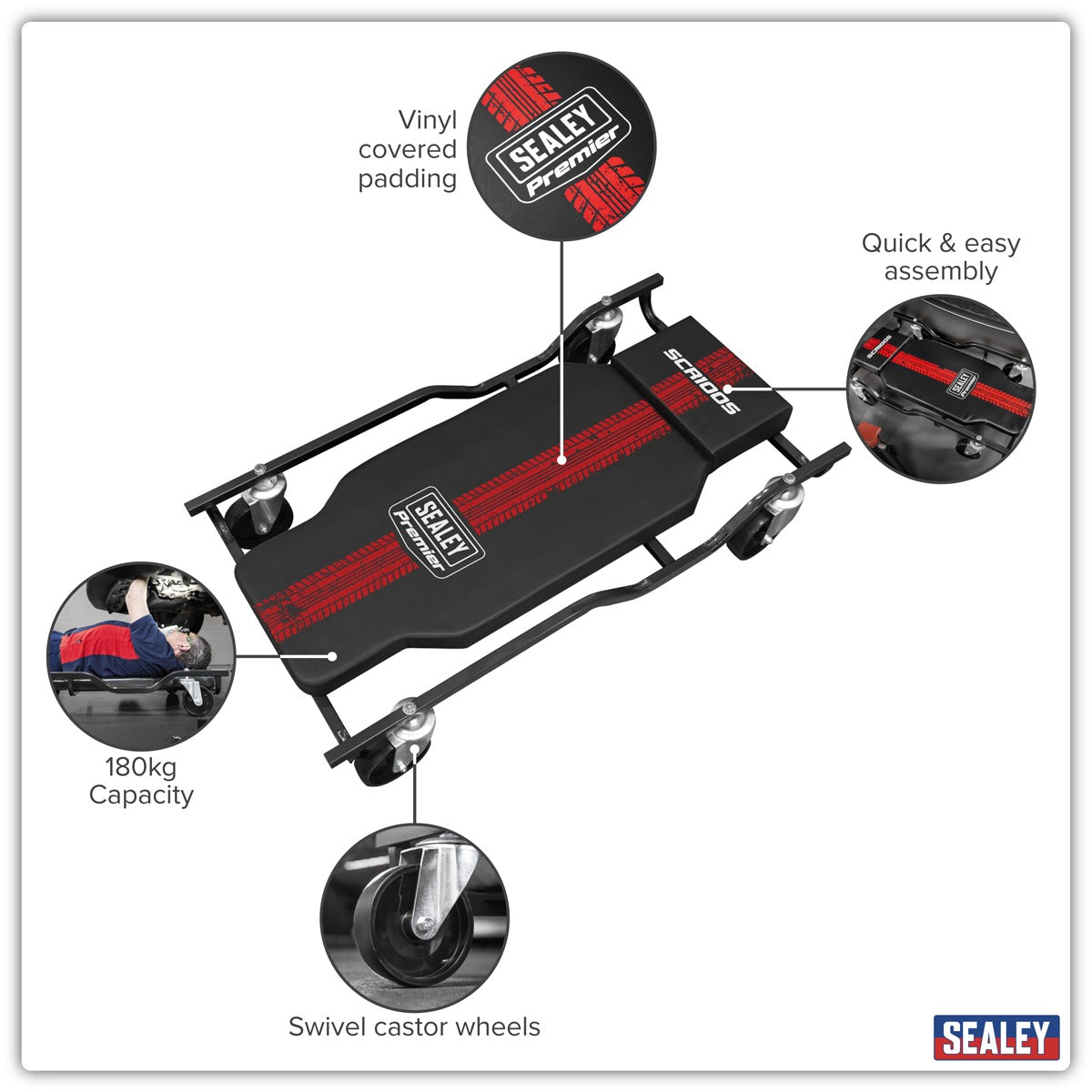 Sealey Steel Creeper with 4 Rough Ground Wheels SCR100S