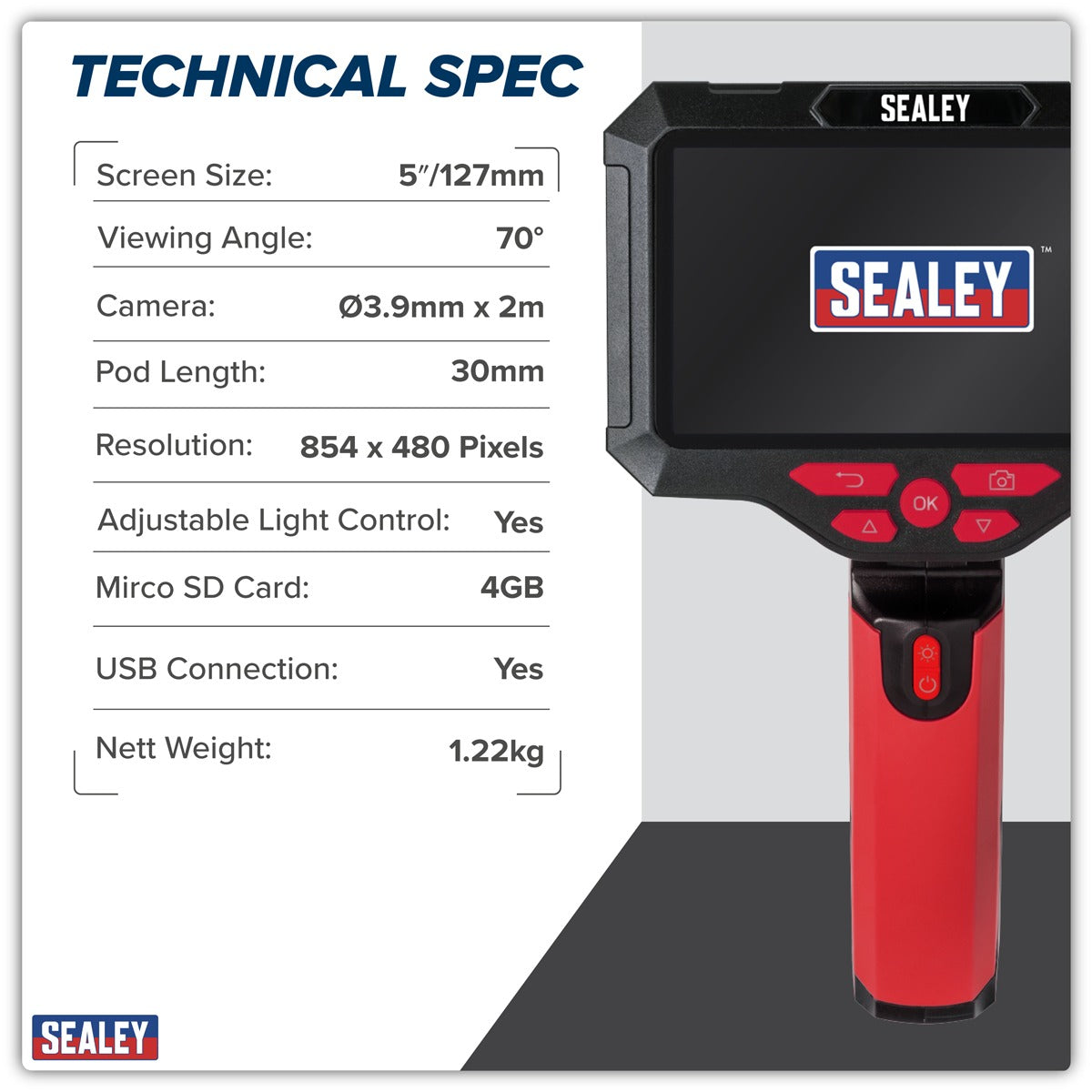 Sealey Video Borescope 3.9mm Camera & 5" Screen VS8117