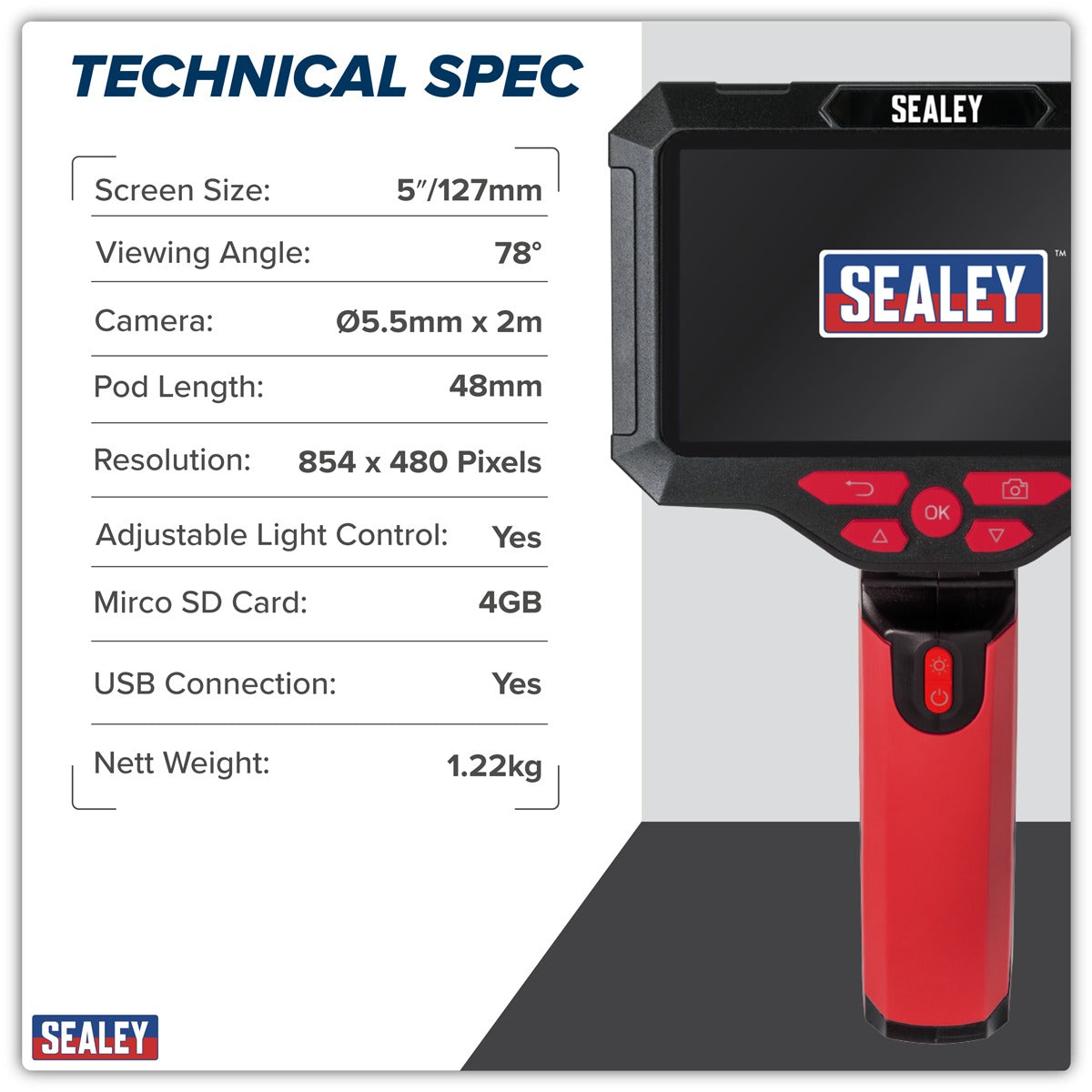Sealey Video Borescope 5.5mm Camera Dual Lens & 5" Screen VS8118