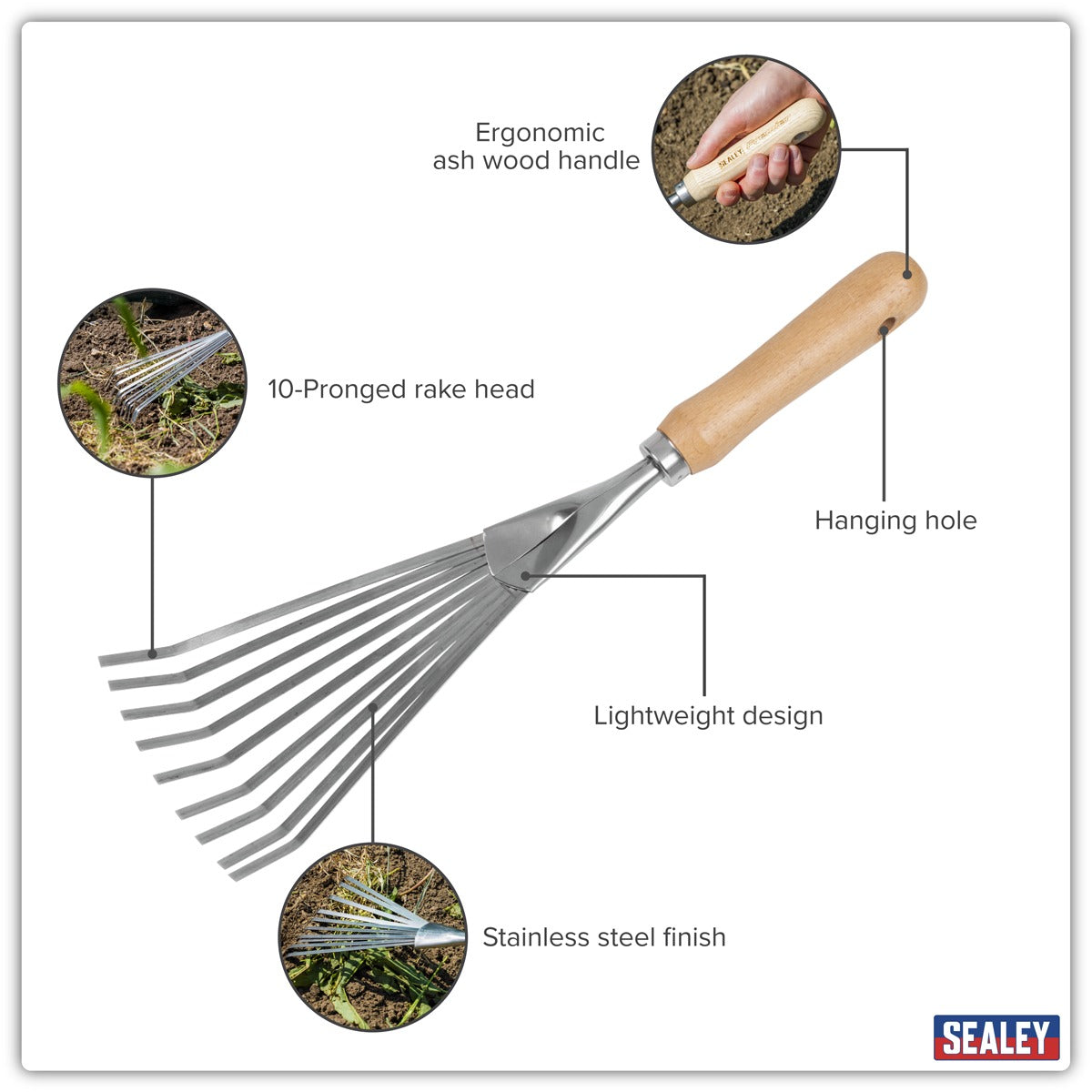 Premier Leaf Hand Rake with Ash Handle & Stainless Steel Tines GTWH001