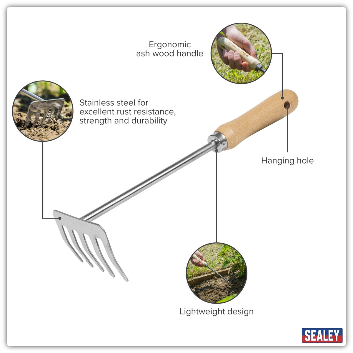 Premier Garden Hand Rake with Short Ash Handle & Stainless Steel Tines GTWH020