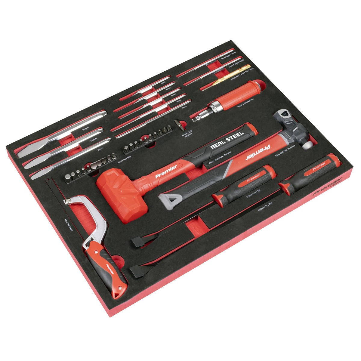 Premier Striking, Pry Bar, Hacksaw & Impact Screwdriver Set with Tool Tray 39pc TBT66