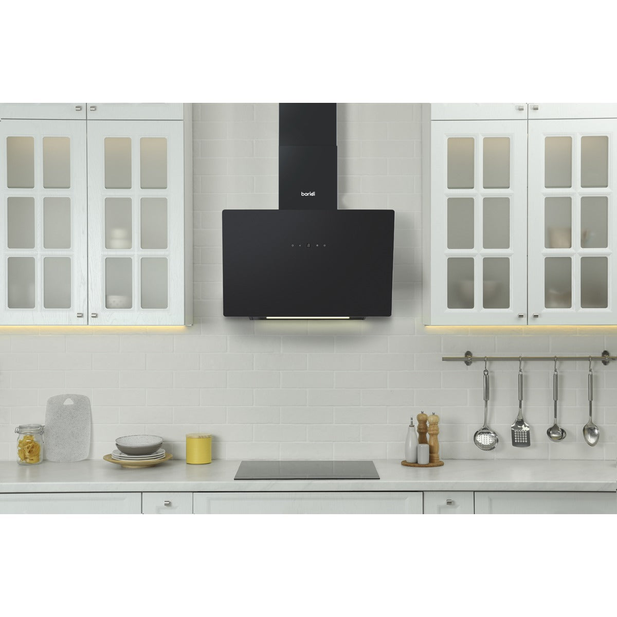 Baridi Angled Chimney Cooker Hood with Touch Controls & Carbon Filters 60cm - Black Glass DH105