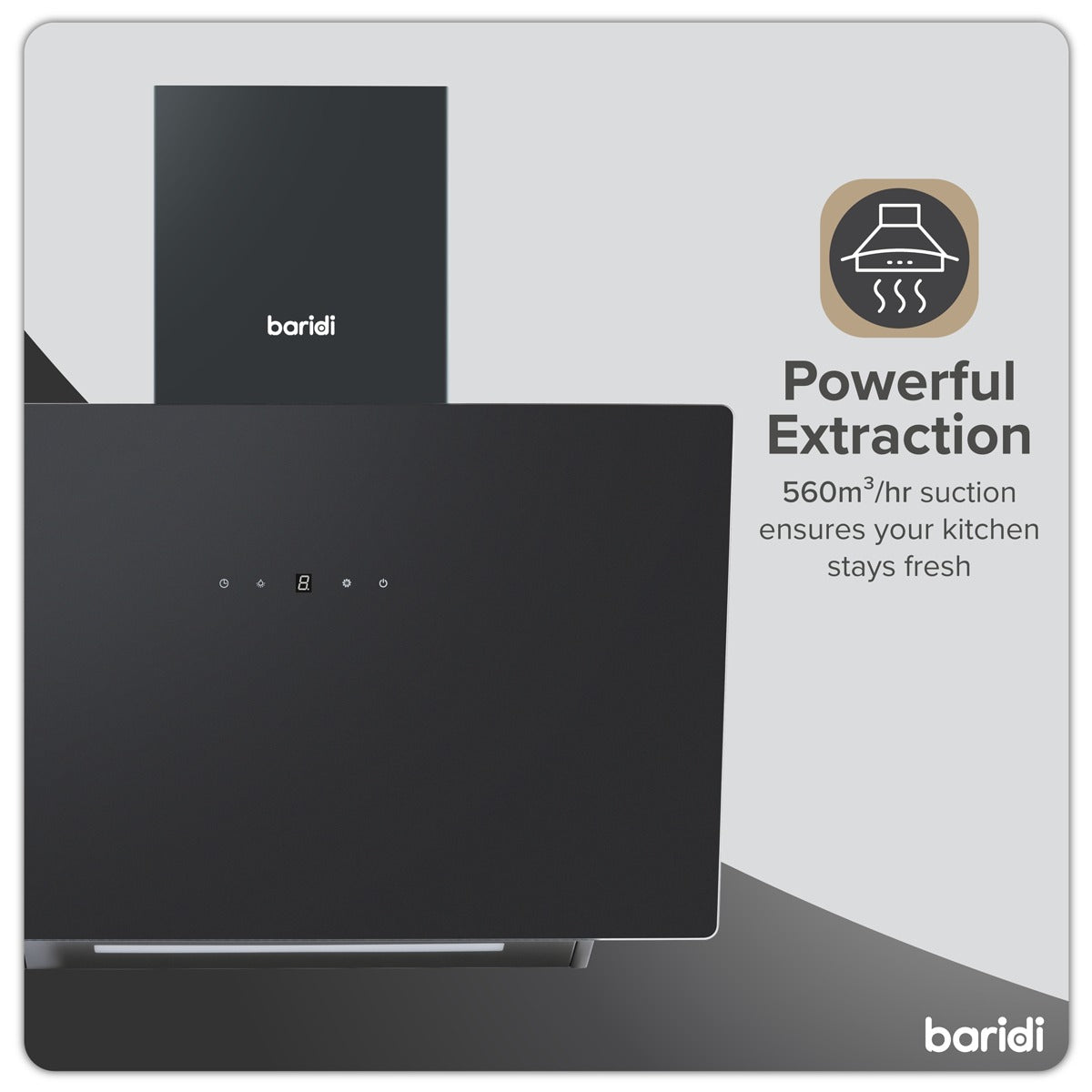 Baridi Angled Chimney Cooker Hood with Touch Controls & Carbon Filters 60cm - Black Glass DH105