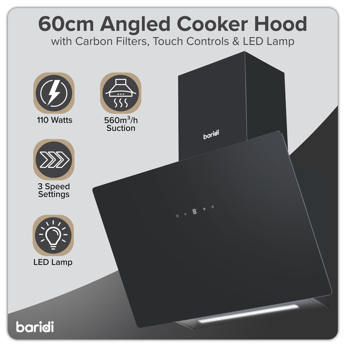 Baridi Angled Chimney Cooker Hood with Touch Controls & Carbon Filters 60cm - Black Glass DH105