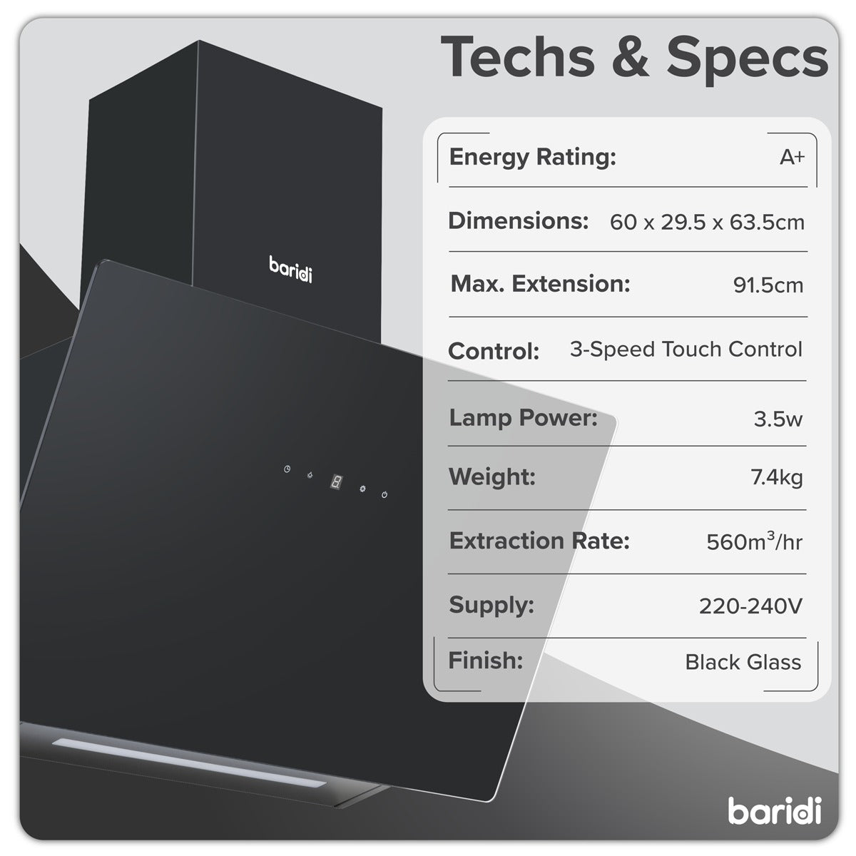 Baridi Angled Chimney Cooker Hood with Touch Controls & Carbon Filters 60cm - Black Glass DH105