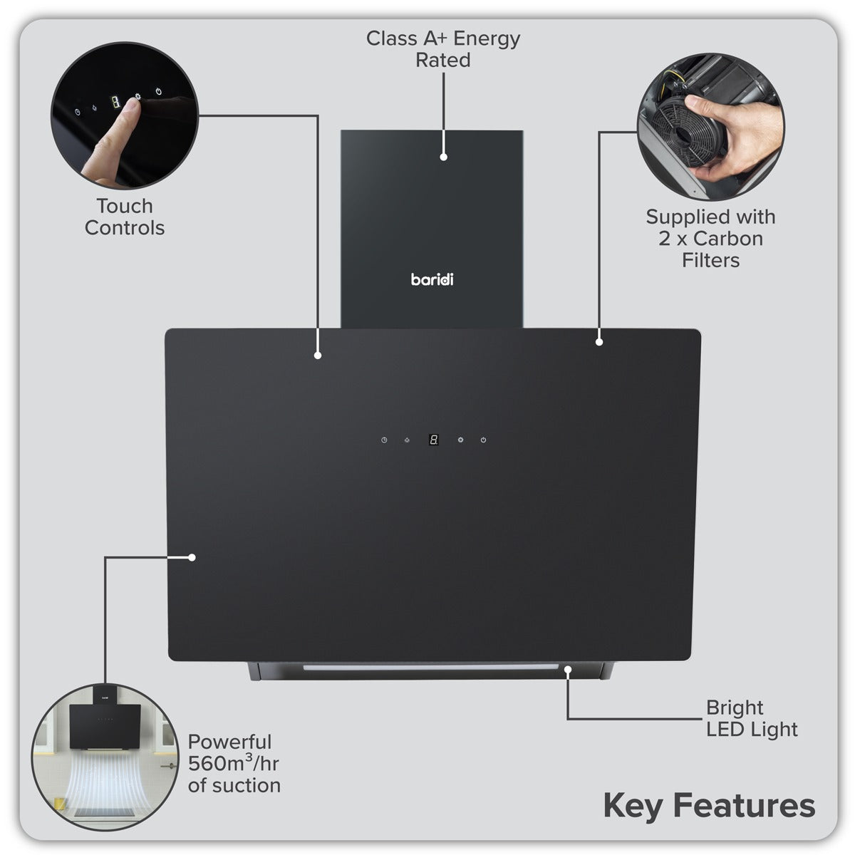 Baridi Angled Chimney Cooker Hood with Touch Controls & Carbon Filters 60cm - Black Glass DH105