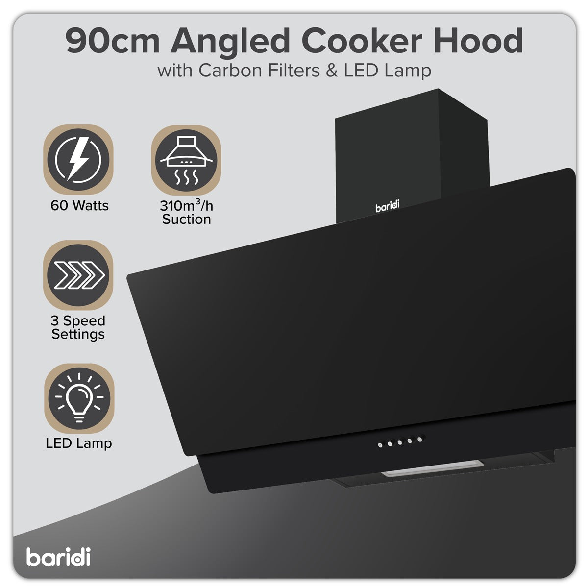 Baridi Angled Chimney Cooker Hood with Carbon Filters & LED Lamp 90cm, Energy Class A - Black Glass DH106