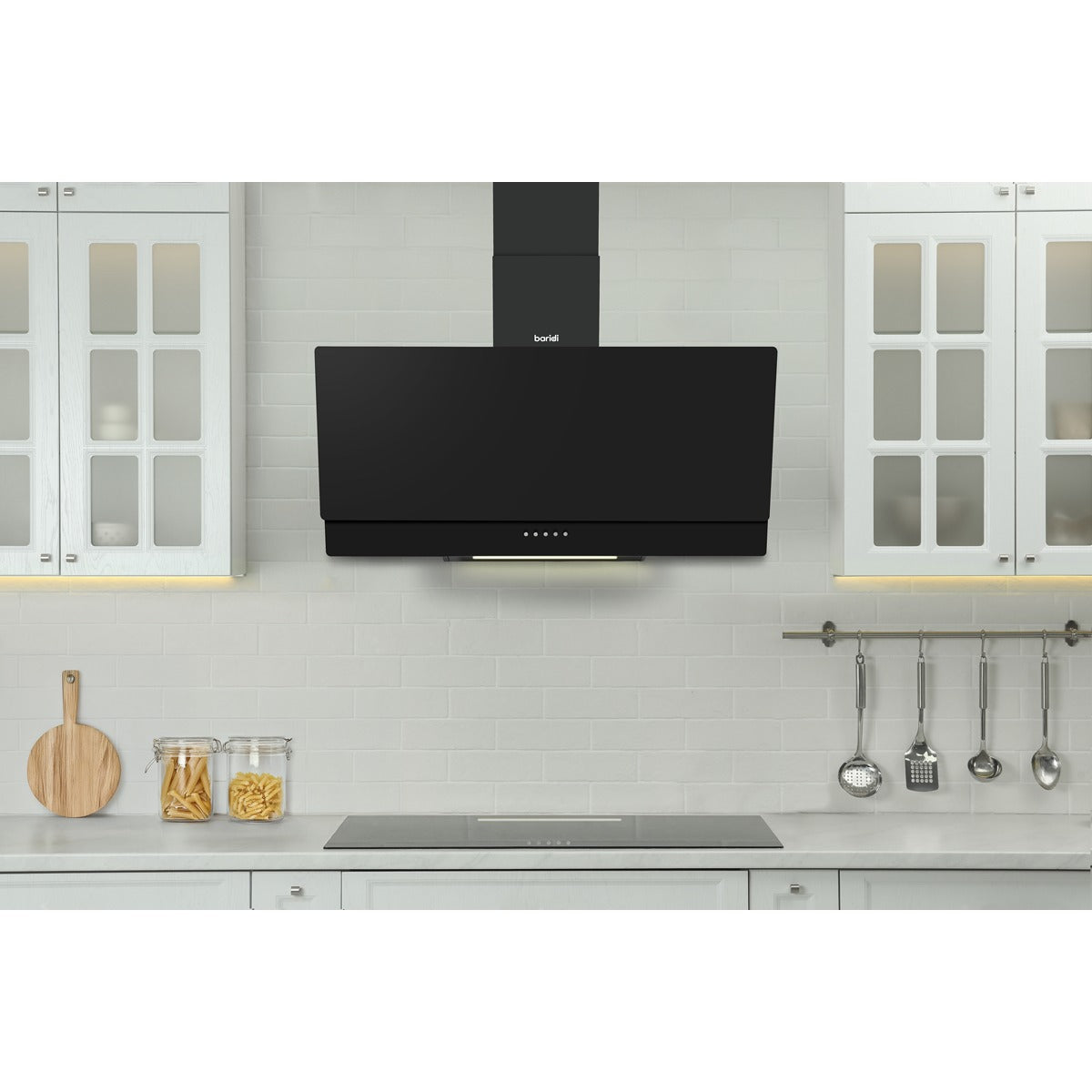 Baridi Angled Chimney Cooker Hood with Carbon Filters & LED Lamp 90cm, Energy Class A - Black Glass DH106
