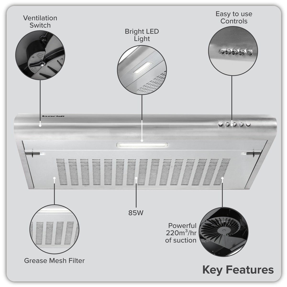 Baridi Visor Cooker Hood Extractor Fan 60cm - Stainless Steel DH108