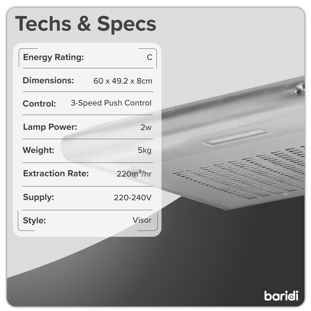 Baridi Visor Cooker Hood Extractor Fan 60cm - Stainless Steel DH108