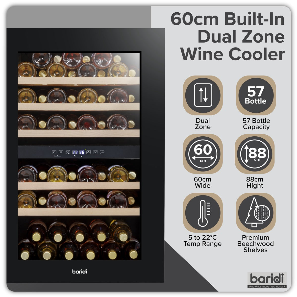 Baridi 57 Bottle Dual Zone Wine Fridge & Cooler 60cm DH118