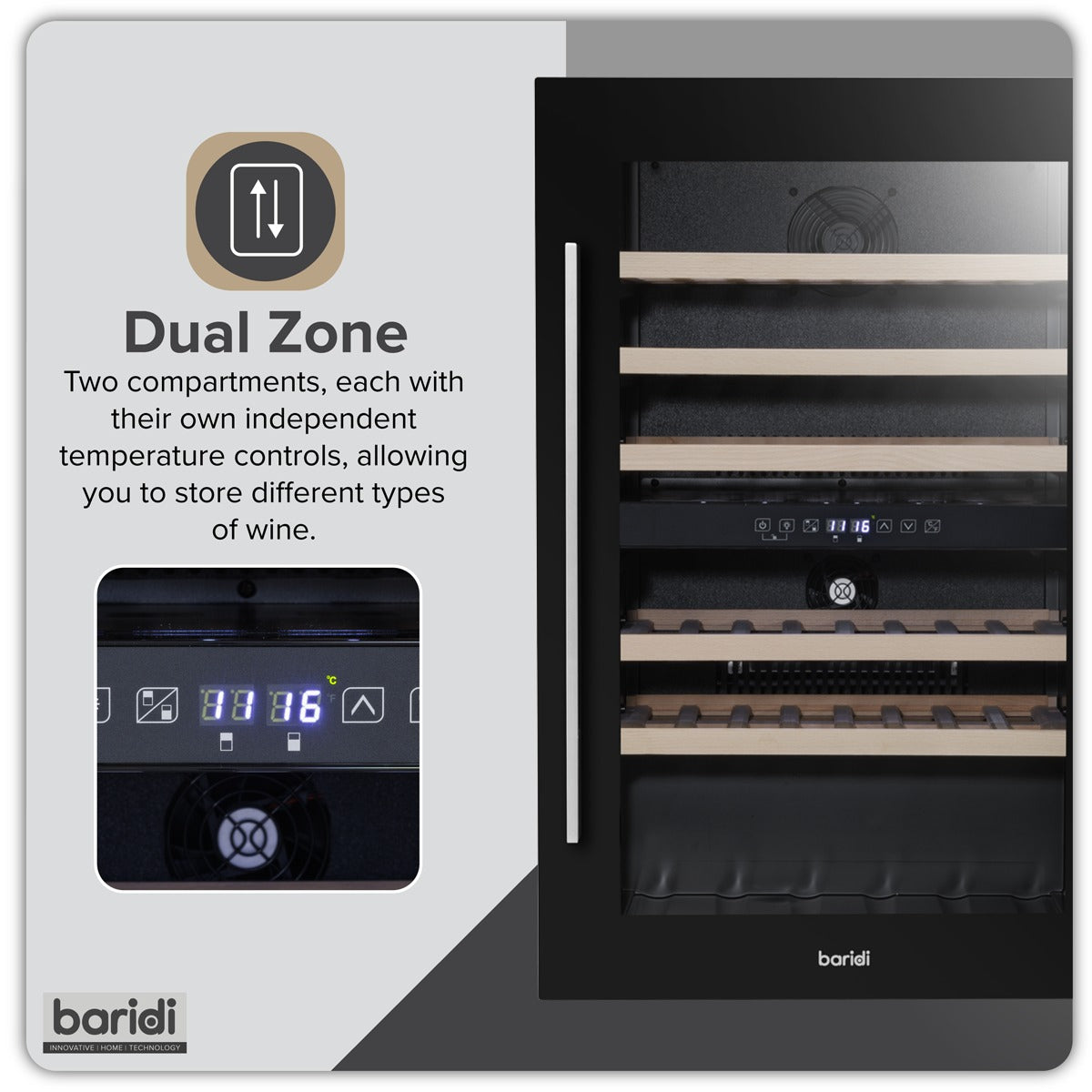 Baridi 57 Bottle Dual Zone Wine Fridge & Cooler 60cm DH118