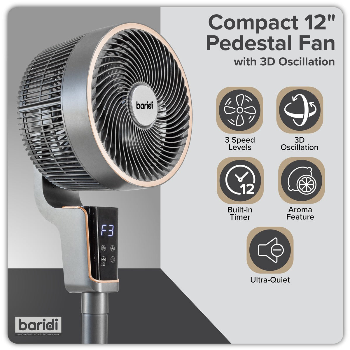 Baridi 12" Pedestal Fan with Remote Control & 12hr Timer 230V - Grey DH141
