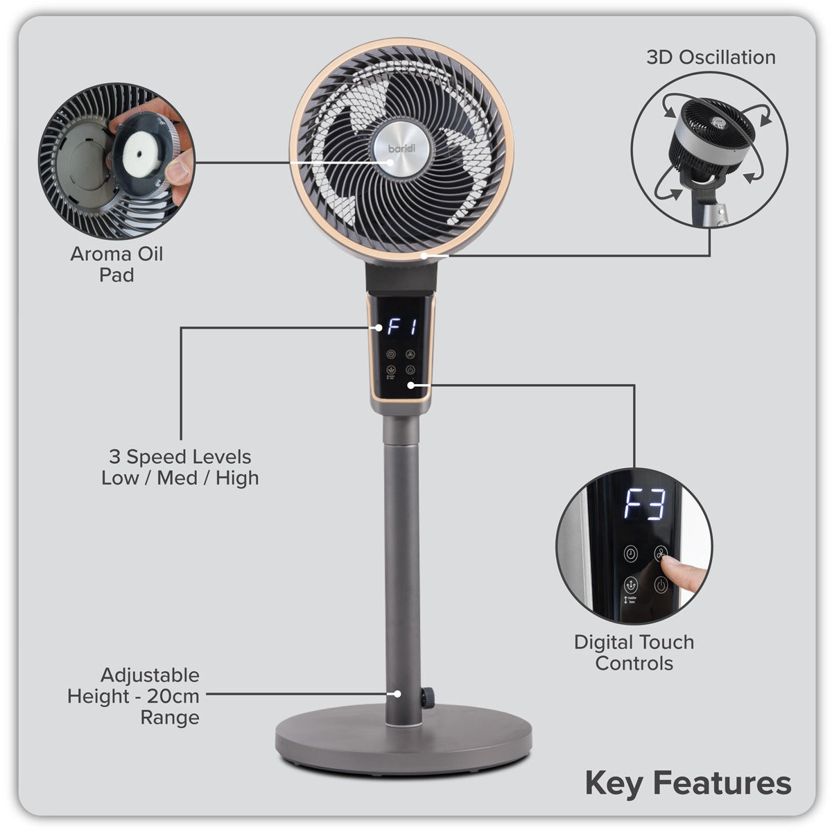 Baridi 12" Pedestal Fan with Remote Control & 12hr Timer 230V - Grey DH141